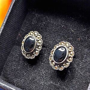 Vintage 925 Sterling Silver Onyx Marcasite Stud Earrings